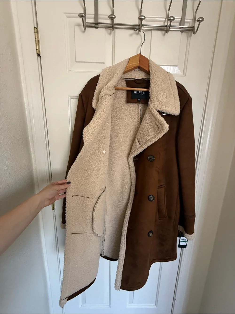GUESS Brown Shearling-Trim Double-Breasted Pea Coat